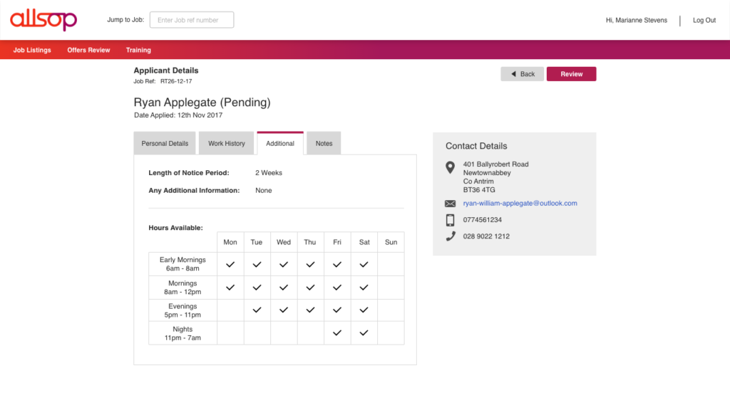 A screenshot of the applicant details screen. The Additional information tab is selected displaying the candidates available working hours.